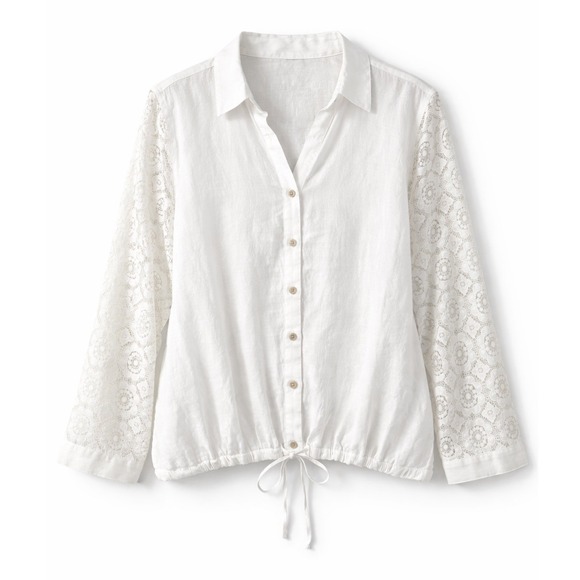 J. Jill Tops - JJill Love Linen‎ White Lace Eyelet Sleeve Button Front Drawstring Blouse Jacket